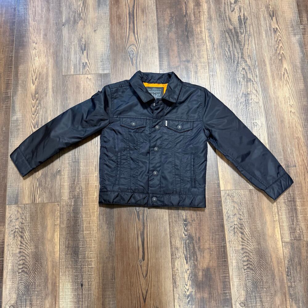 Levi’s Boys Size 7 Black Trucker Jacket Lightweight Orange Lined Snap Front